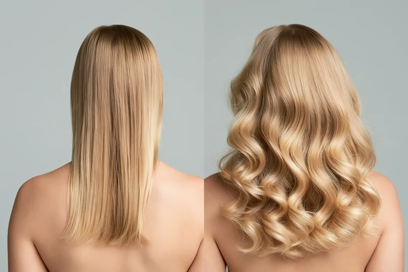Two women from behind showing straight and wavy blonde hair in before-and-after comparison