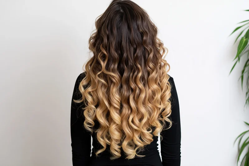 Woman with long curly ombre hair seen from back in studio setting