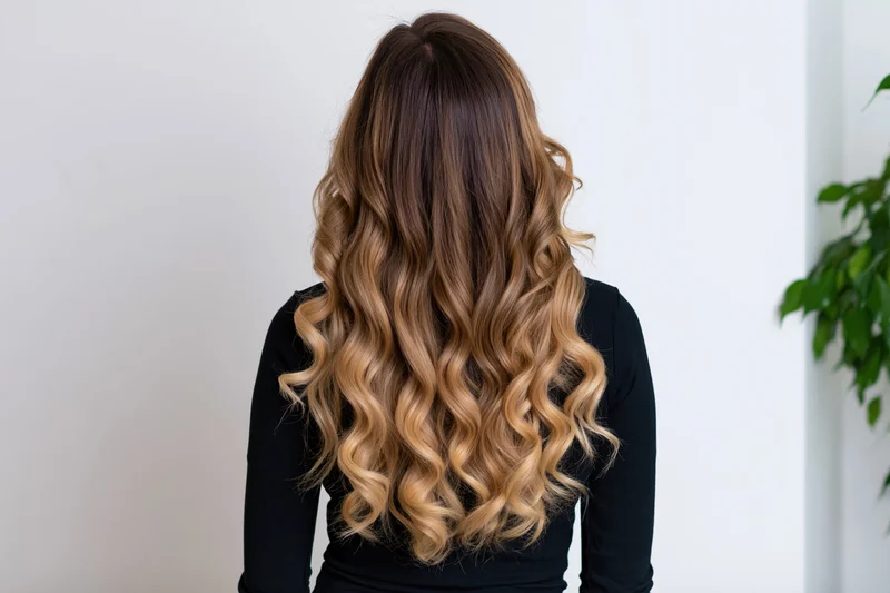 Woman with long curly ombre hair seen from back in a bright room