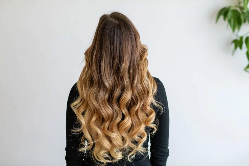 Woman with long curly ombre hair seen from back against white wall
