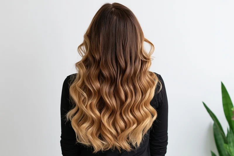 Woman with long curly ombre hair seen from back against white wall
