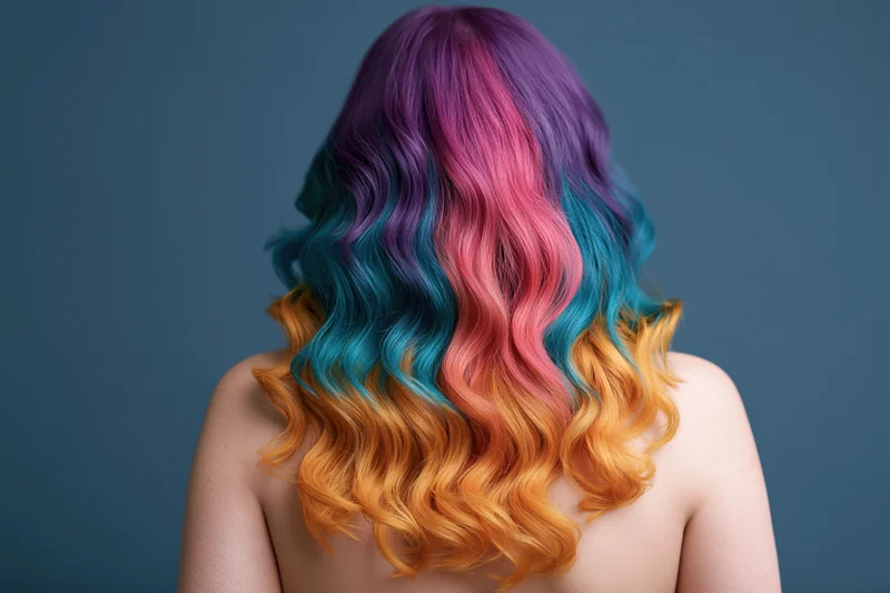 Woman with long wavy rainbow-dyed hair seen from back against blue background