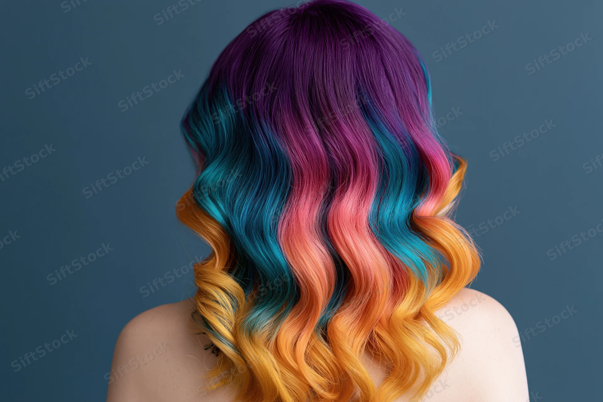 Woman with long wavy rainbow-dyed hair seen from behind against blue background