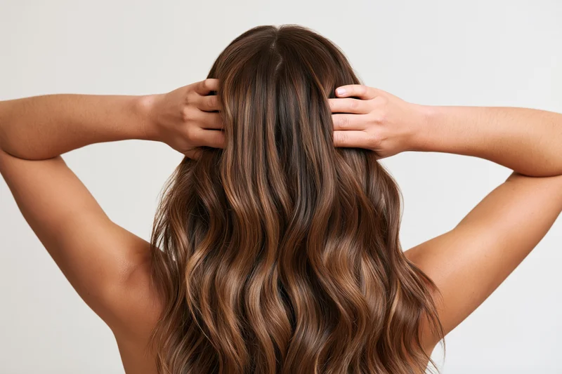 Woman from behind with hands raised touching her long wavy brown hair