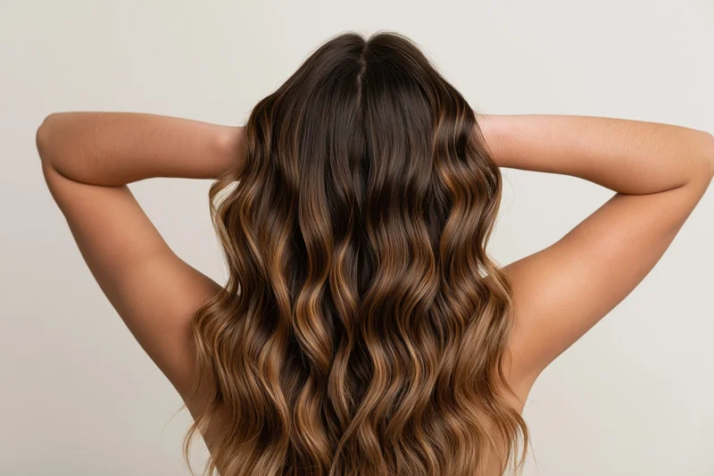 Woman with long wavy brown ombre hair seen from back with hands raised behind head