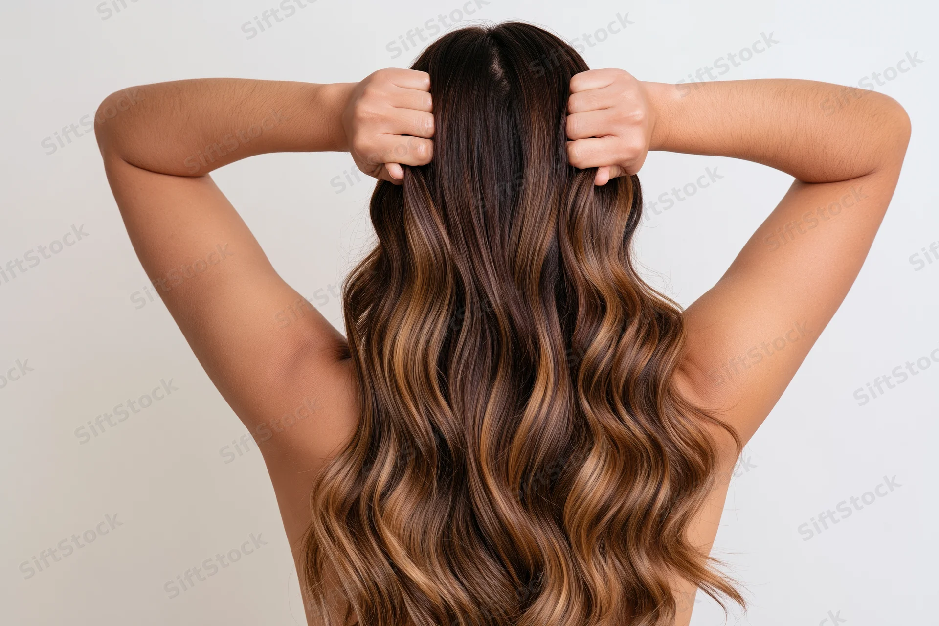 Woman seen from back with long wavy brown hair, hands raised behind head holding hair