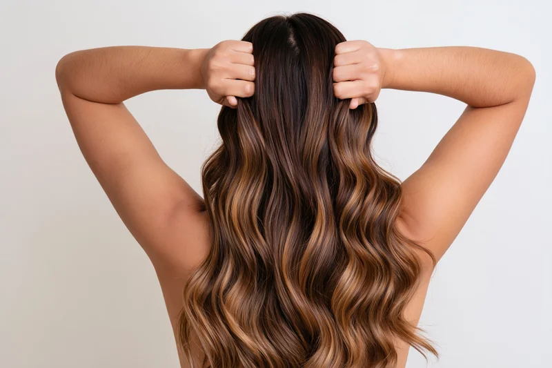 Woman seen from back with long wavy brown hair, hands raised behind head holding hair