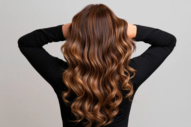 Woman with long wavy brown hair styled in ombre highlights, seen from back with hands raised to head, studio shot