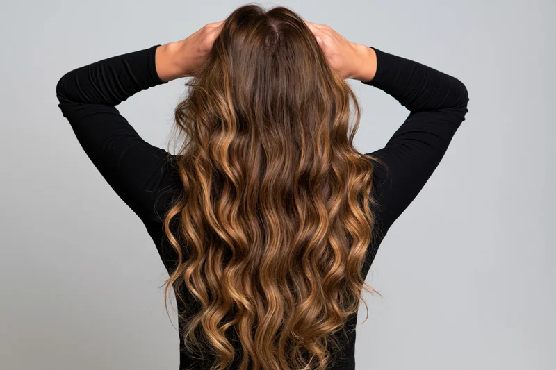 Woman from behind with hands raised to her long wavy hair in studio setting
