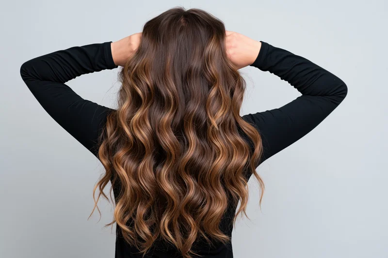 Woman from behind with hands raised to her head showing long wavy brown ombre hair