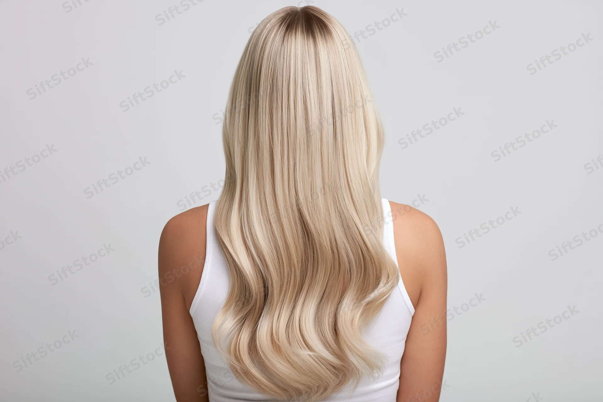 Woman with long blonde straight hair seen from back in studio setting