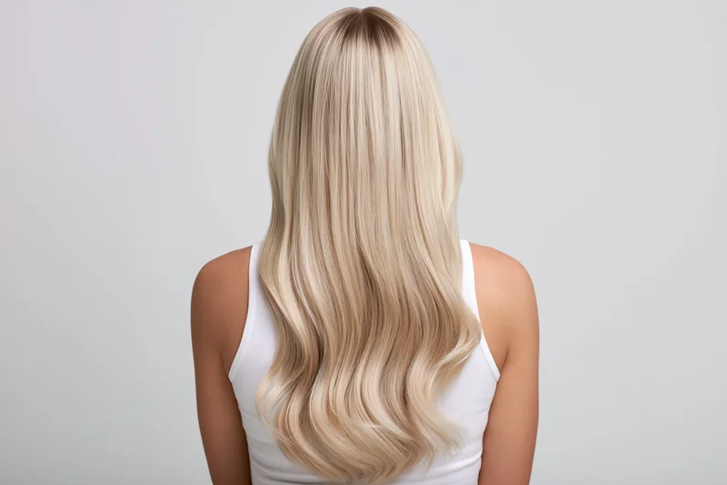 Woman with long blonde straight hair seen from back in studio setting