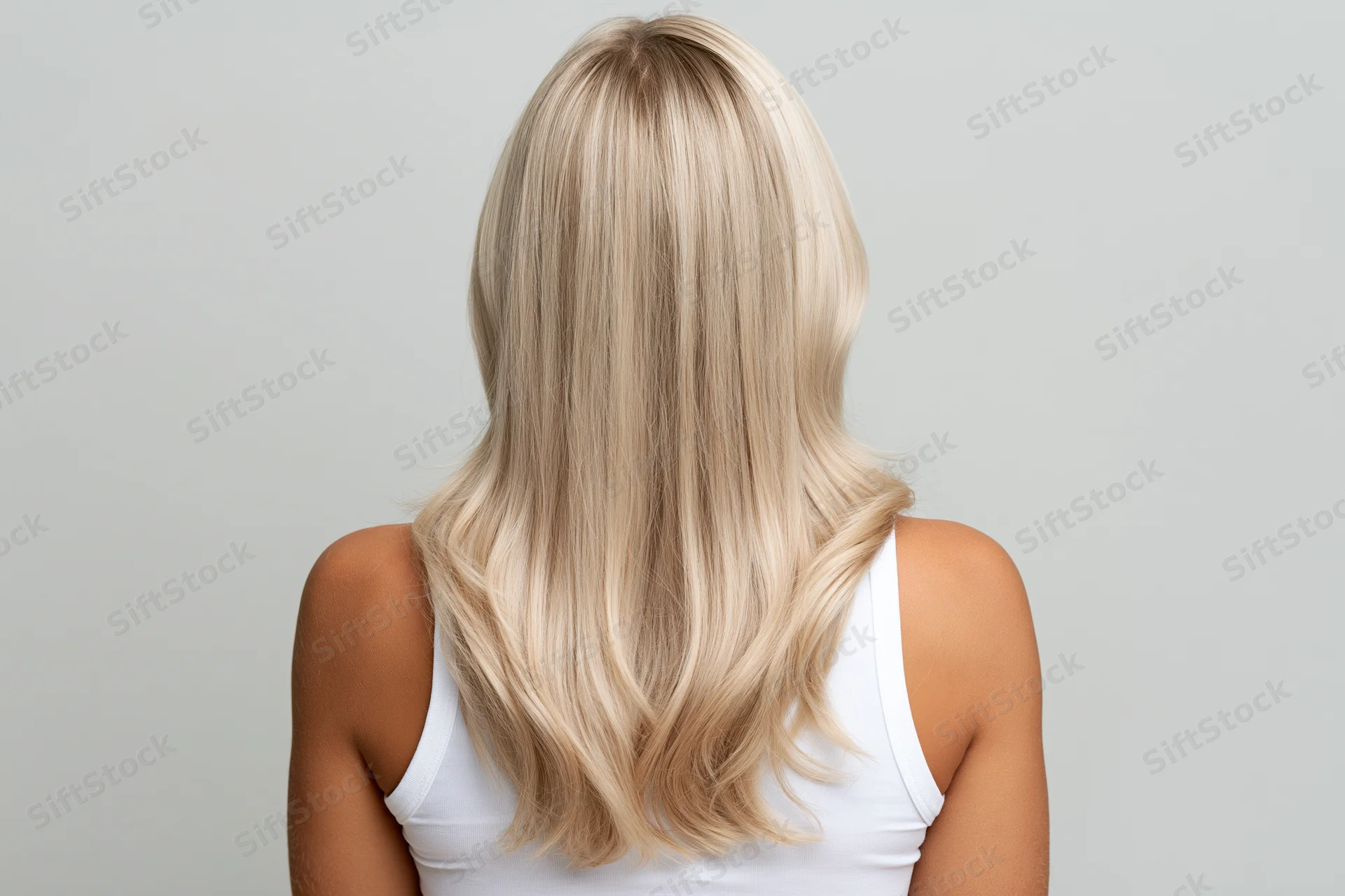 Woman with long straight blonde hair seen from back in white tank top against neutral studio background