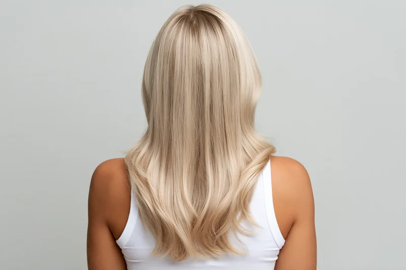 Woman with long straight blonde hair seen from back in white tank top against neutral studio background