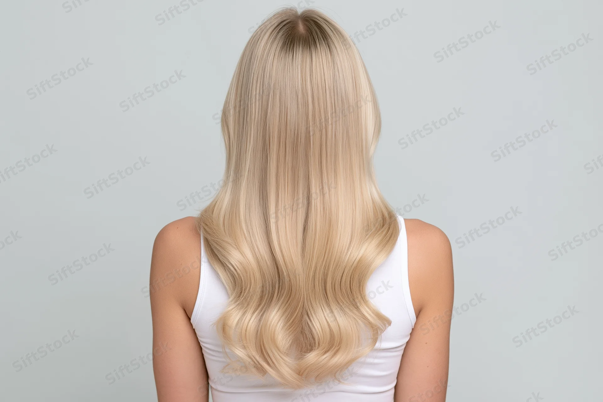 Woman with long straight blonde hair seen from back in white tank top against plain background