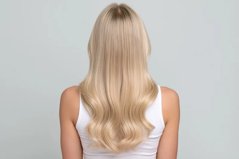 Woman with long straight blonde hair seen from back in white tank top against plain background