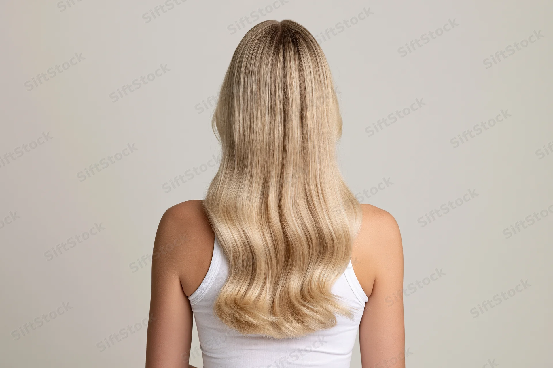 Woman seen from back with long straight blonde hair wearing white tank top in studio