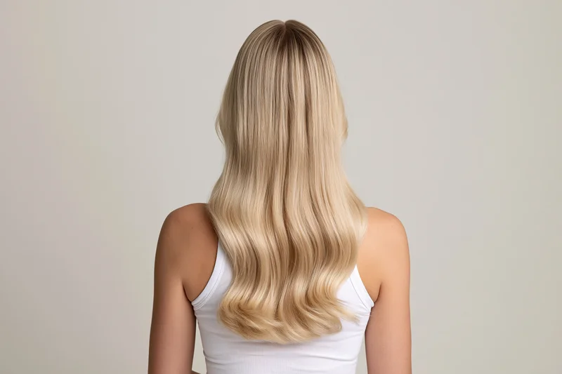 Woman seen from back with long straight blonde hair wearing white tank top in studio