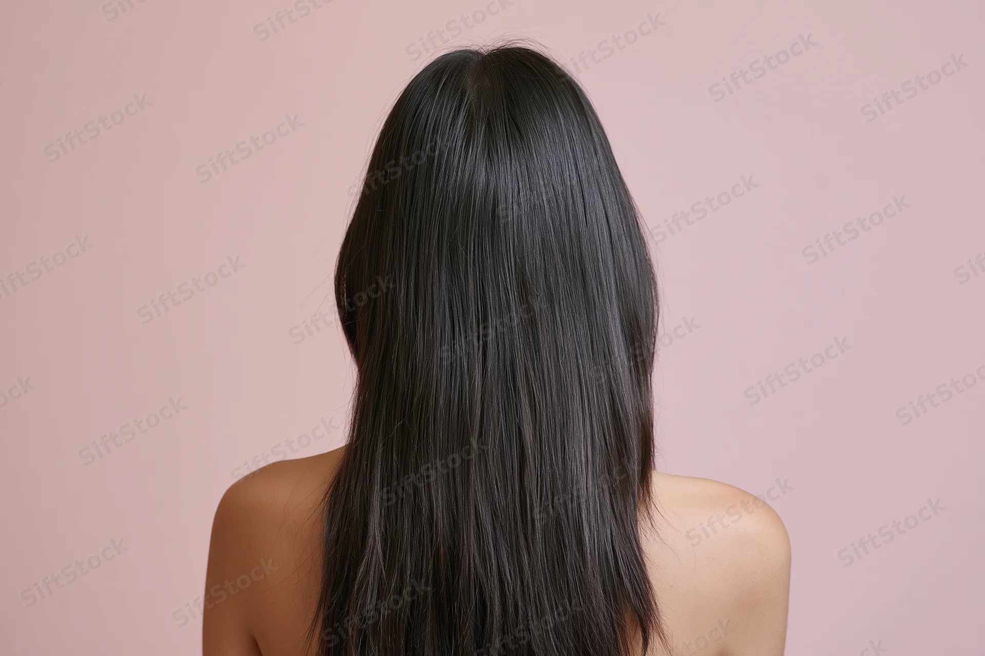 Woman with long straight dark hair seen from back against pink background