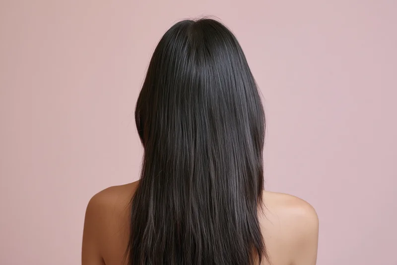 Woman with long straight dark hair seen from back against pink background