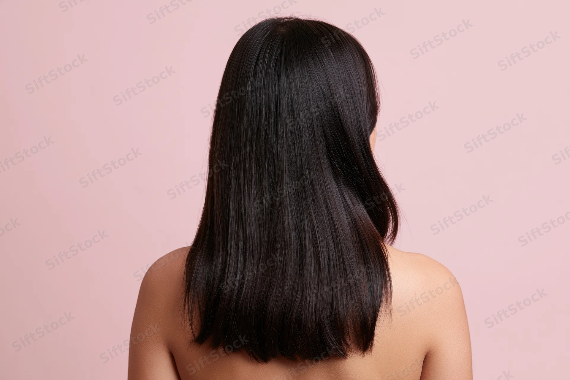 Woman seen from back with long straight dark hair against pink background