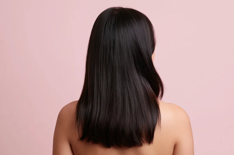 Woman seen from back with long straight dark hair against pink background