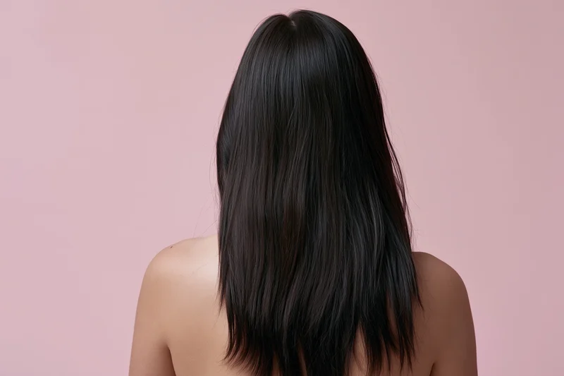 Woman seen from back with long straight dark hair against pink background