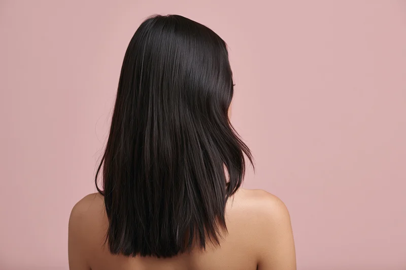 Woman seen from back with long straight black hair against pink background