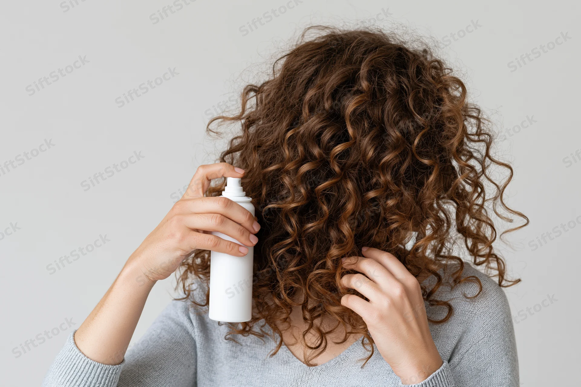 Woman applying hair spray to her curly hair from behind in a studio setting