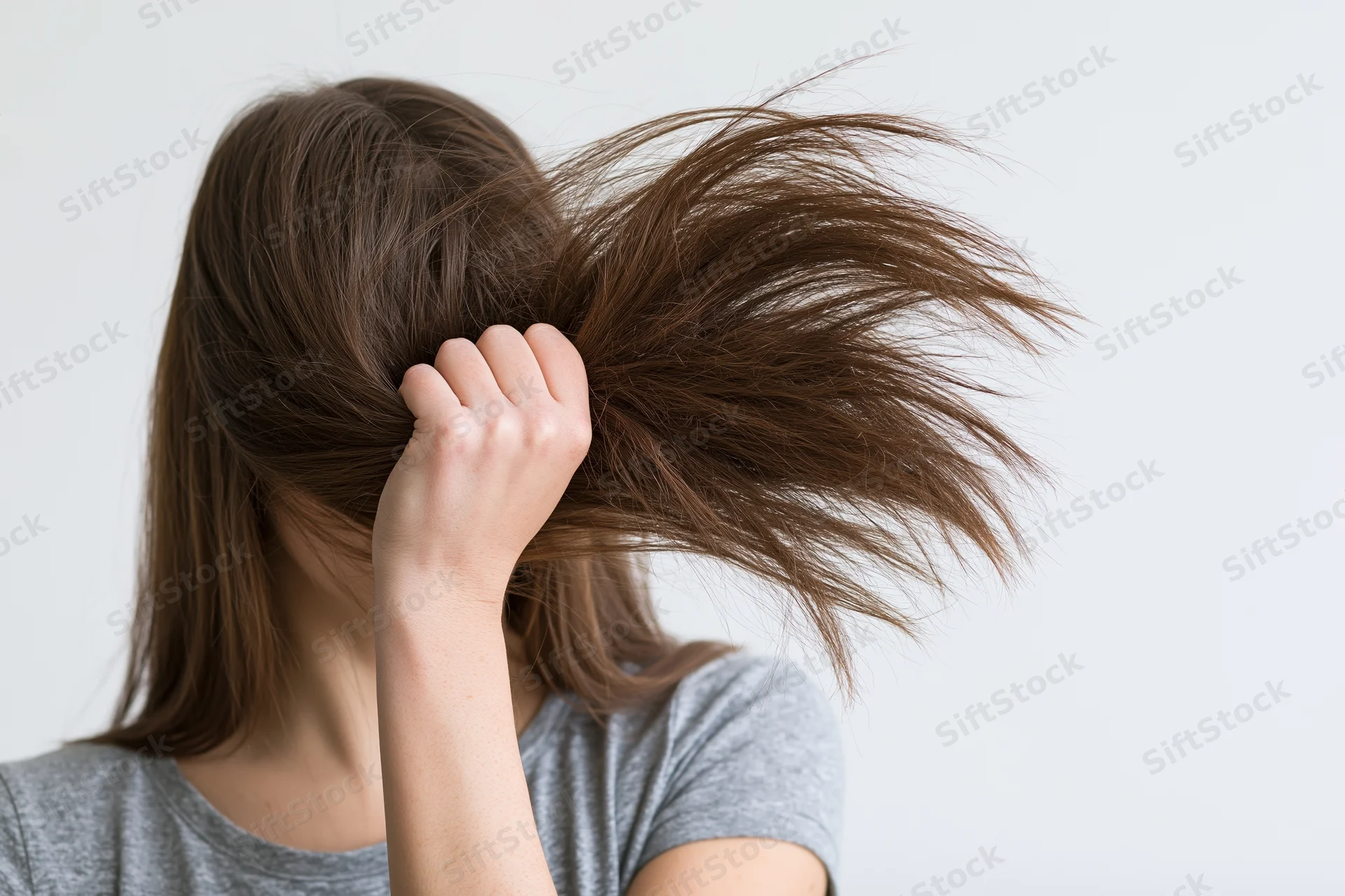 Woman gripping tangled section of long brown hair from behind, wearing gray t-shirt against white background