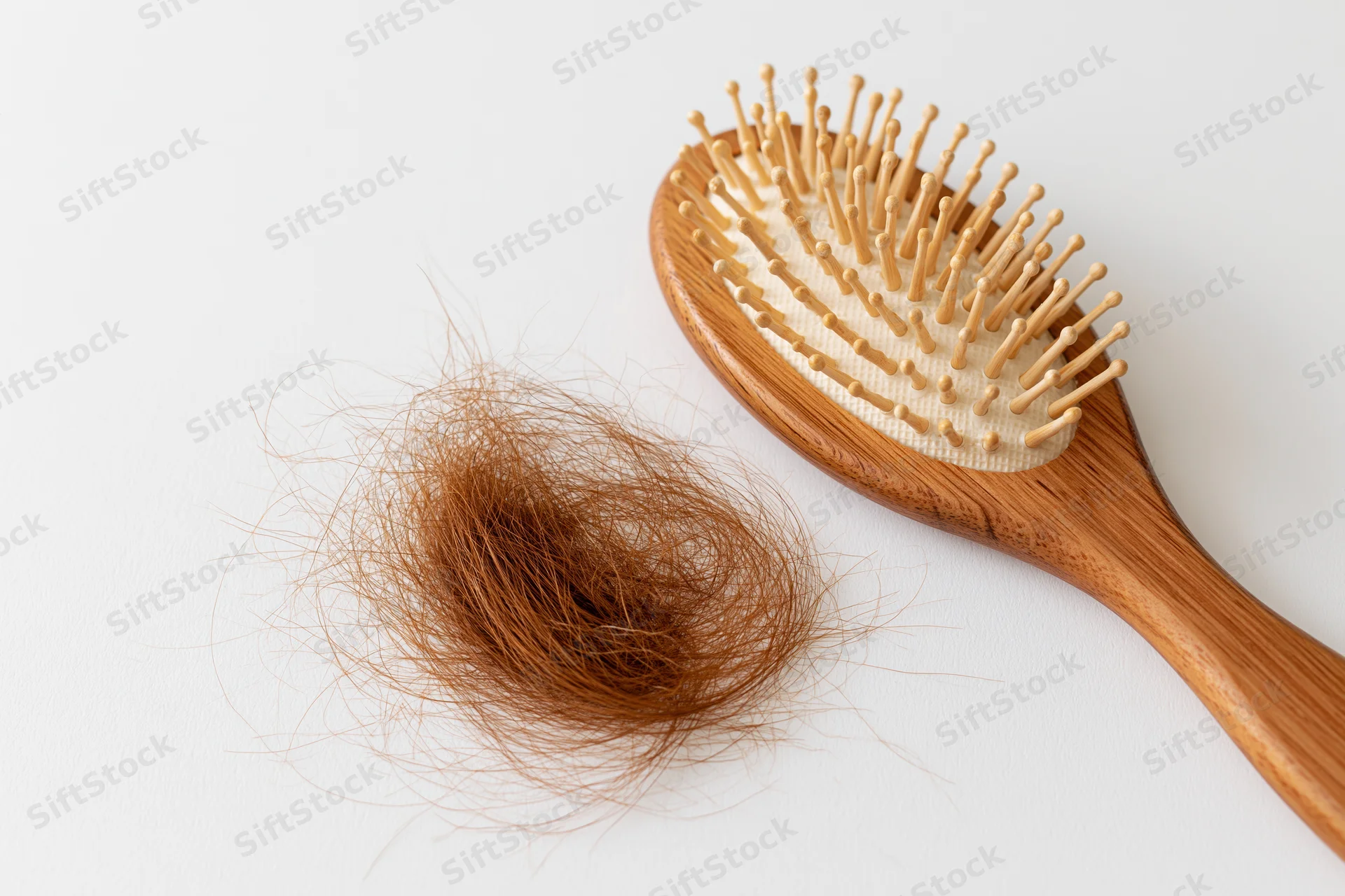 Wooden hairbrush with bristles and a clump of shed brown hair on a white surface