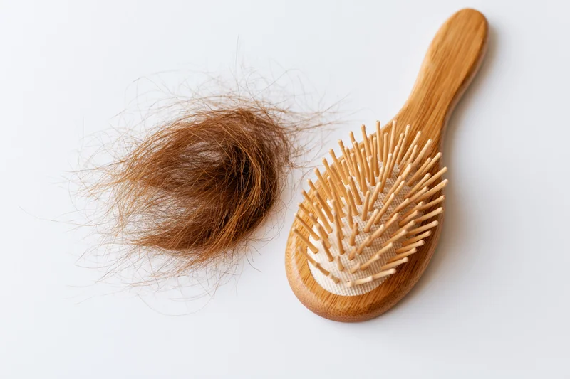 Wooden hairbrush with bristles and a clump of shed brown hair on white surface