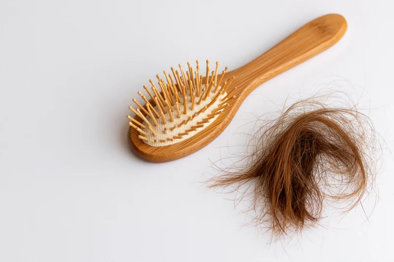 Wooden hairbrush with bristle pins and shed brown hair on white surface