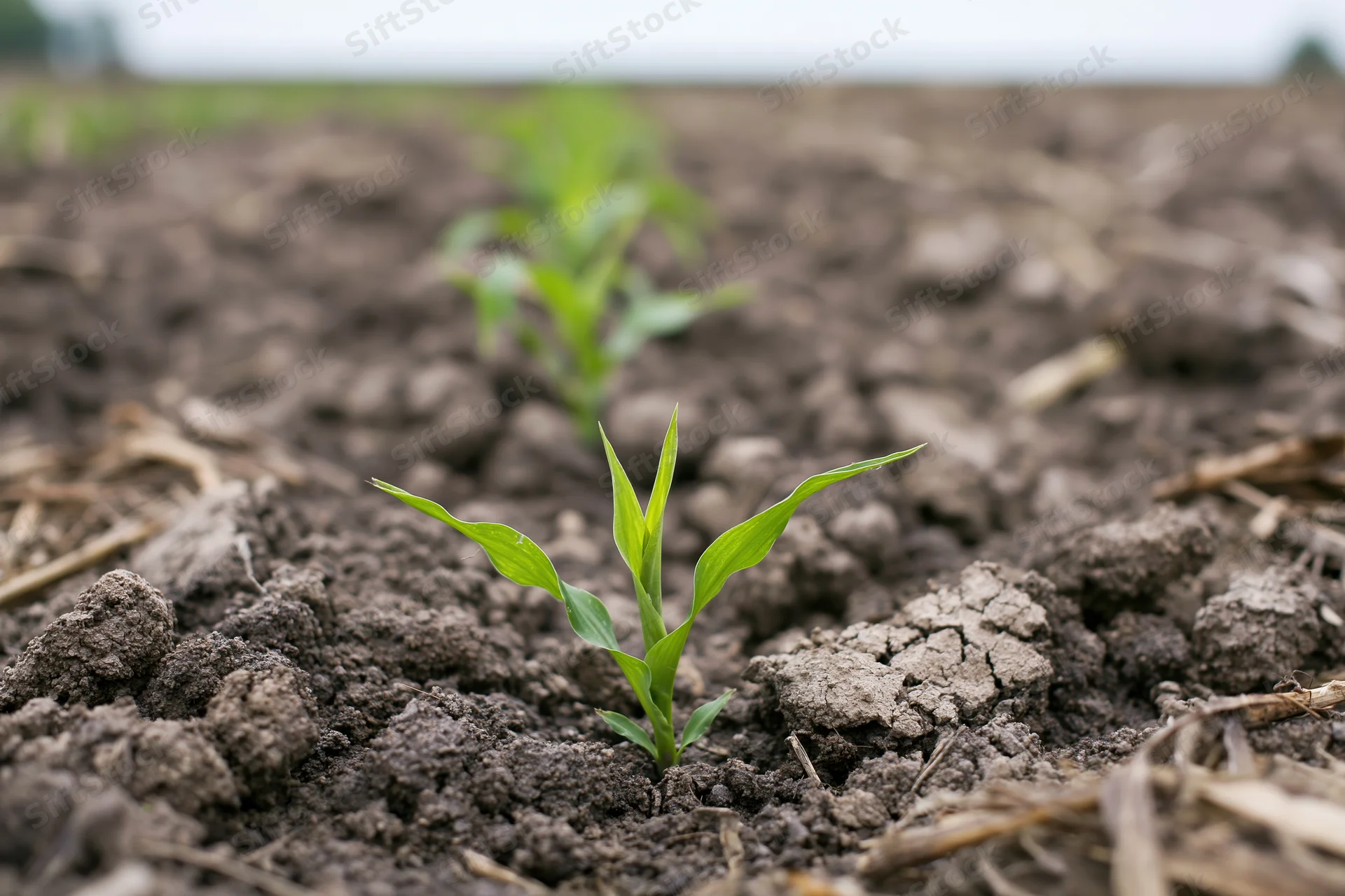 Young corn seedling emerging from dark clumped soil in a farm field