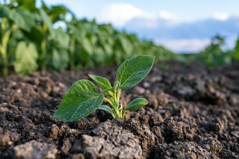 Young sunflower seedling emerging from soil in a field with dew on its leaves