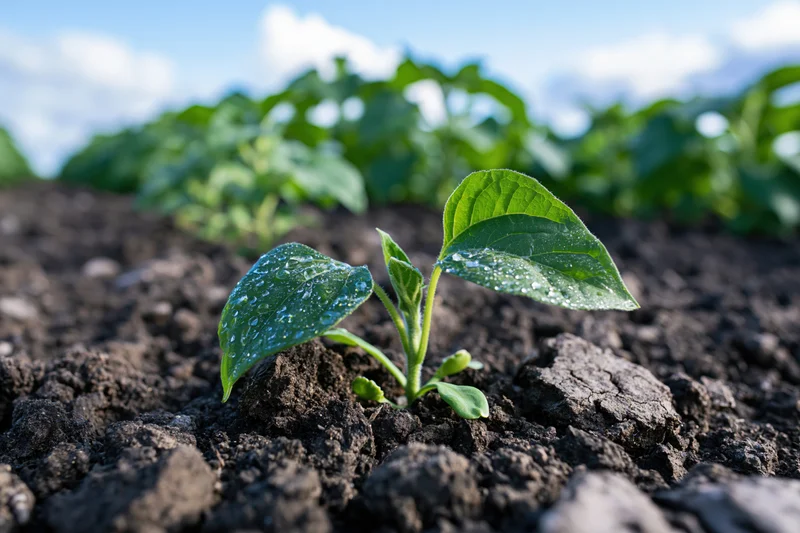 Young seedling emerging from soil with dew on leaves in a garden field