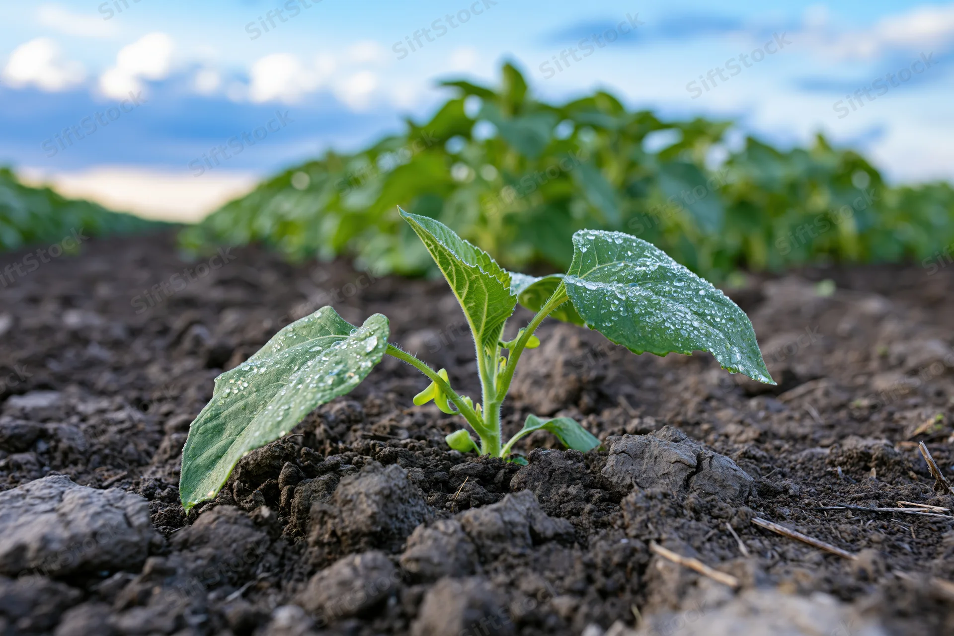 Young sunflower seedling emerging from soil with dew on leaves in a field