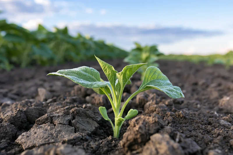 Young sunflower seedling emerging from soil in a field at morning with dew on leaves