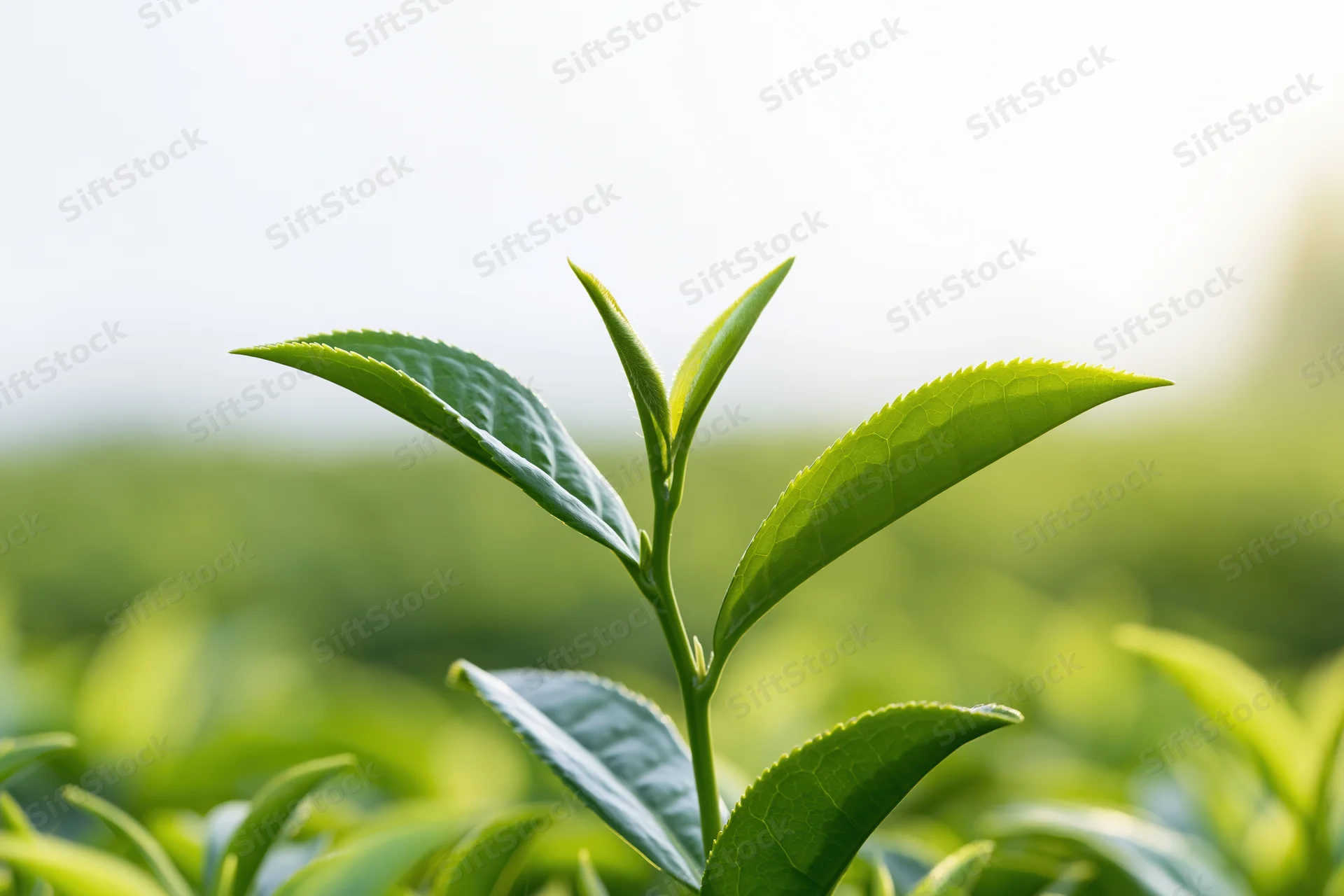 Close-up of young tea plant shoots with tender buds rising in a green field