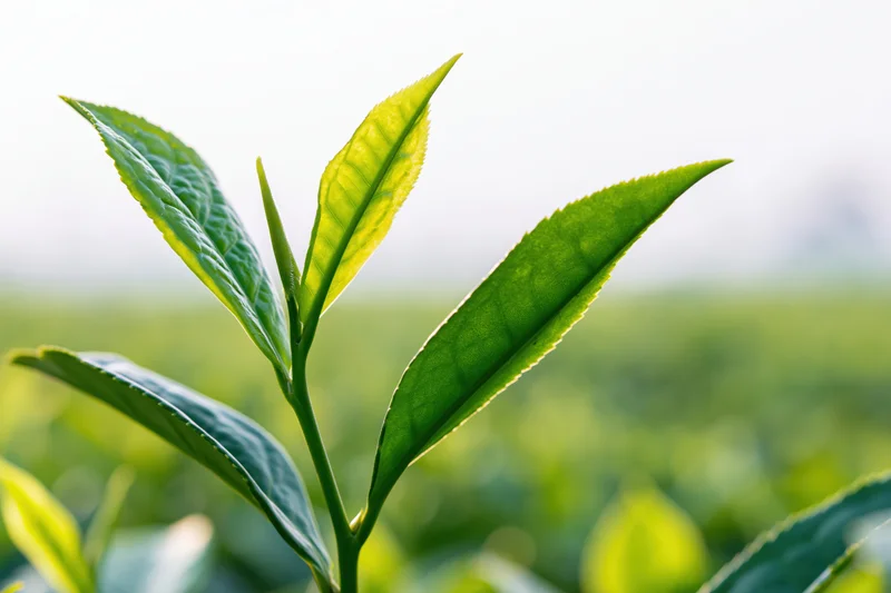 Close-up of young tea plant shoots with tender buds rising in a green field