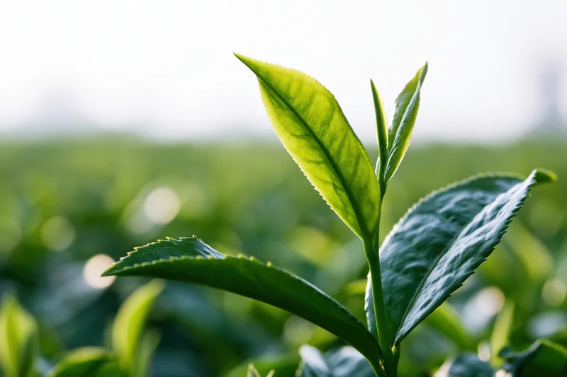 Close-up of young tea plant shoots with tender buds rising in a green field