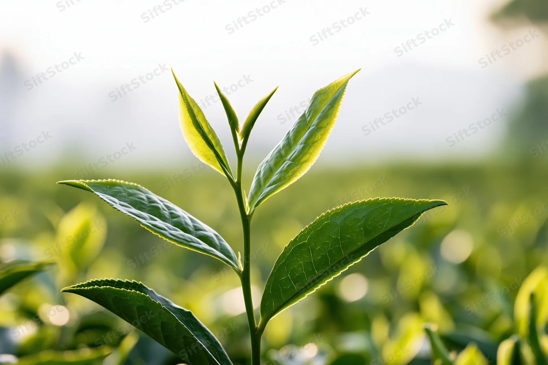 Close-up of young tea plant shoots with tender buds rising in a sunlit field
