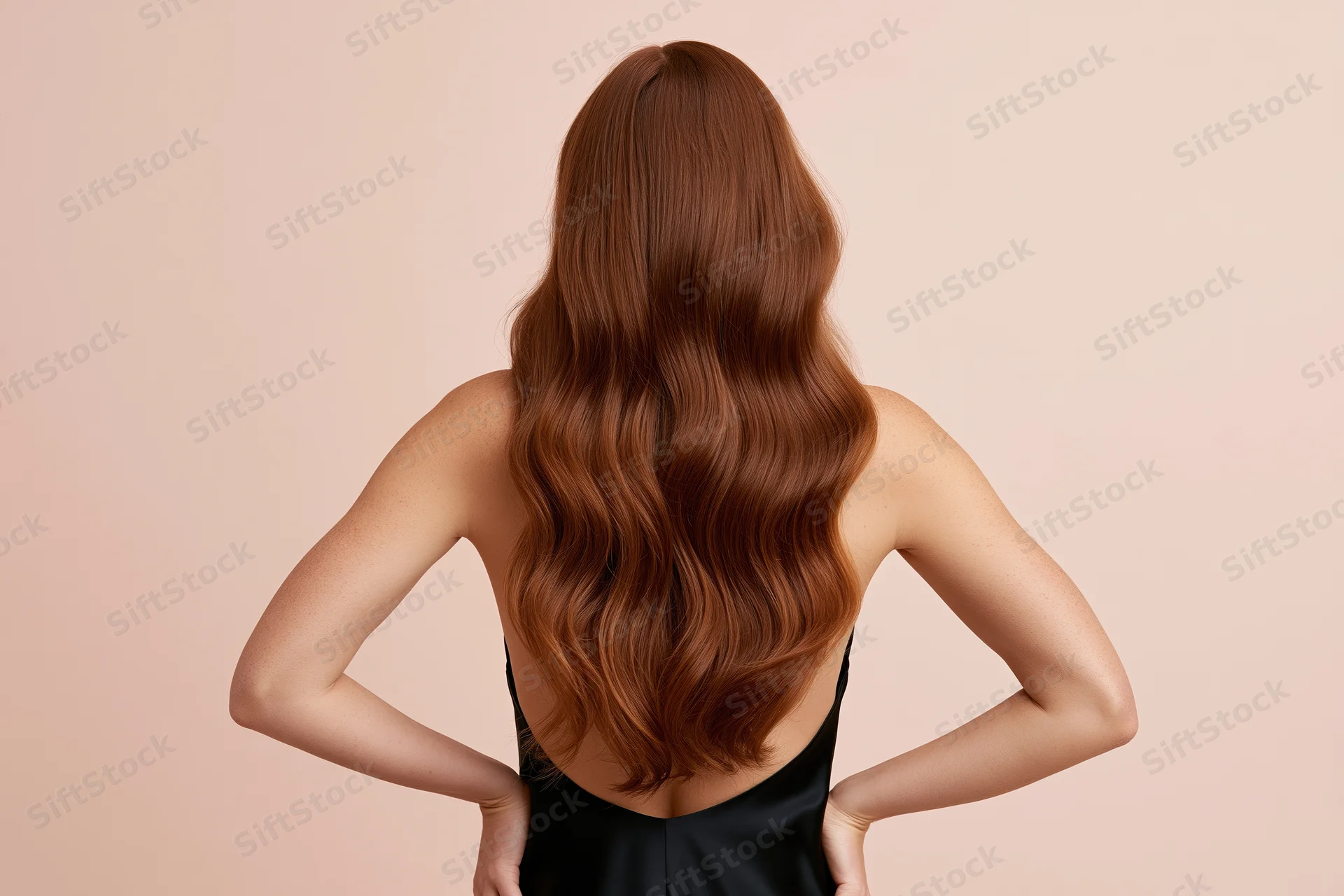 Woman with long wavy brown hair seen from back, hands on hips, wearing black dress in studio