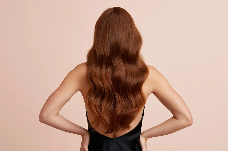 Woman with long wavy brown hair seen from back, hands on hips, wearing black dress in studio