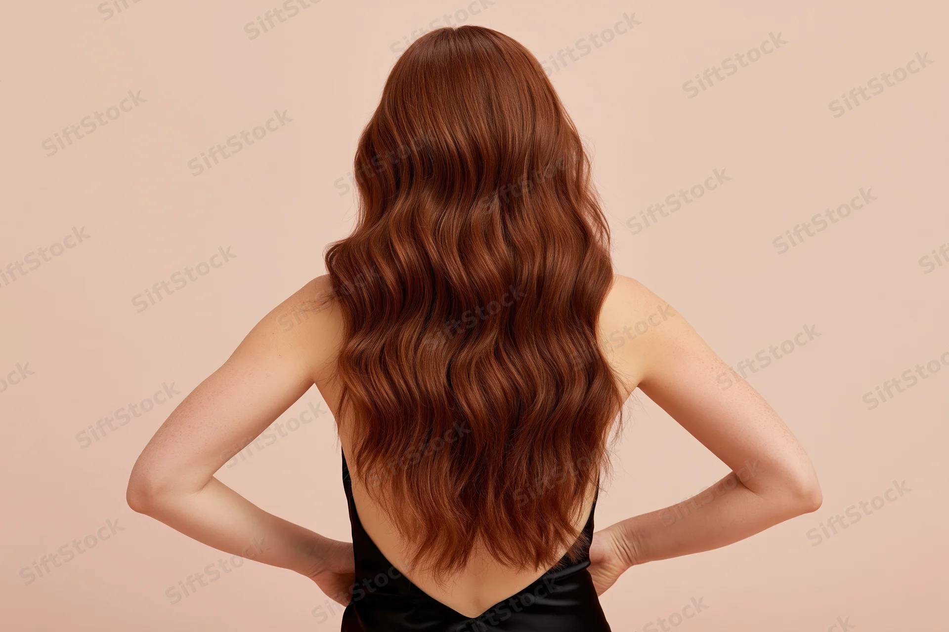 Woman with long wavy brown hair seen from back, hands on hips, wearing black satin dress in studio