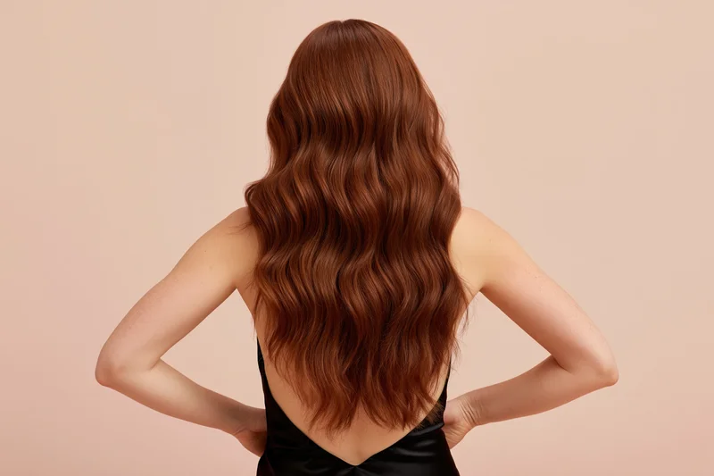 Woman with long wavy brown hair seen from back, hands on hips, wearing black satin dress in studio