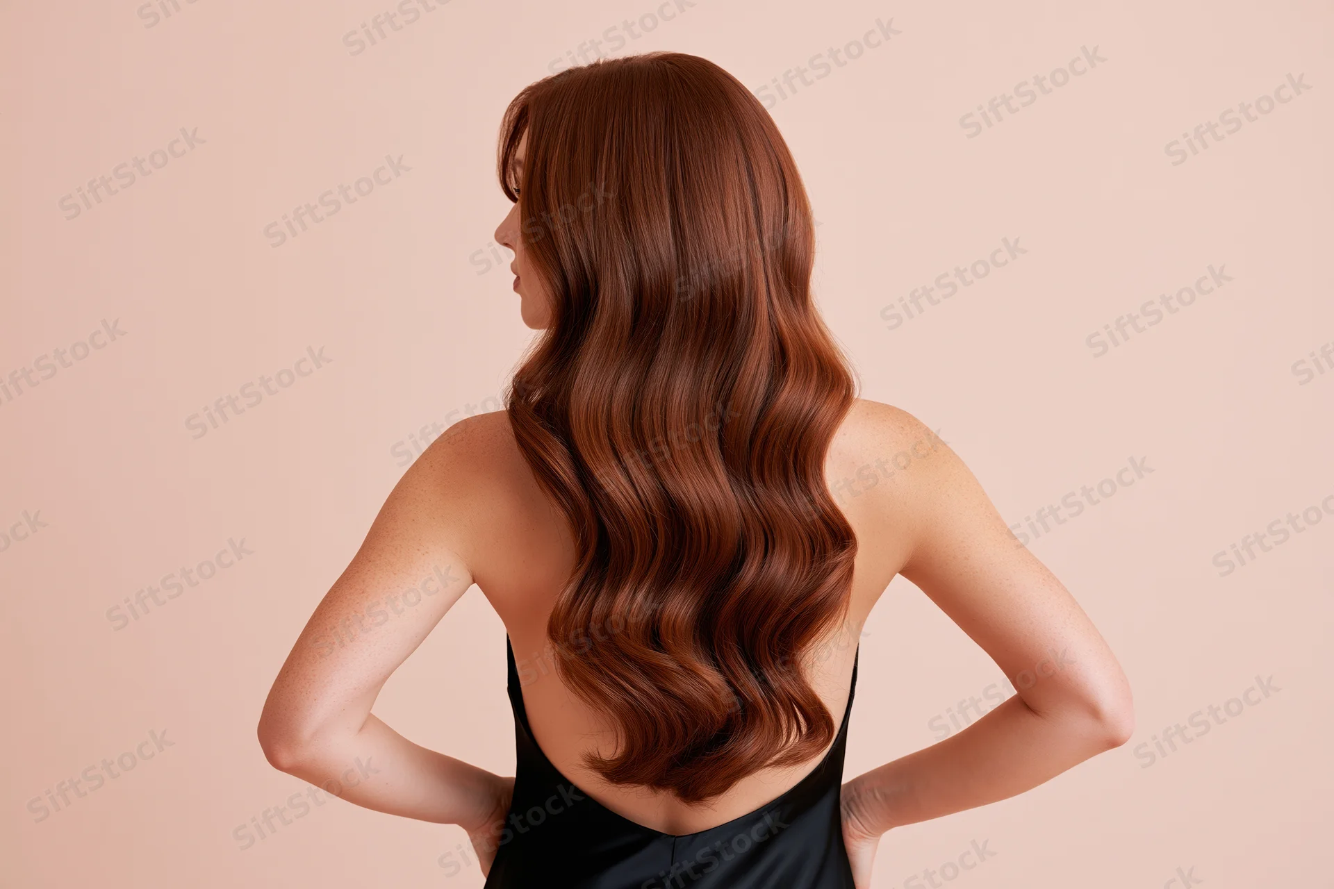 Woman with long wavy brown hair seen from back, hands on hips, wearing black dress in studio