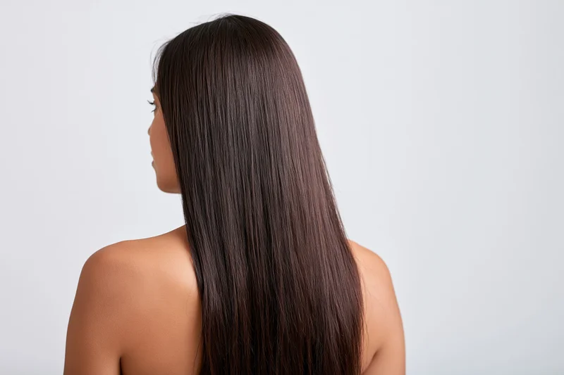 Woman with long straight dark hair seen from back bare shoulders