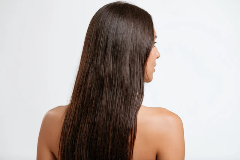 Woman with long straight dark hair seen from behind, bare shoulders, white background