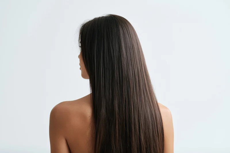 Woman with long straight dark hair seen from back bare shoulders in studio